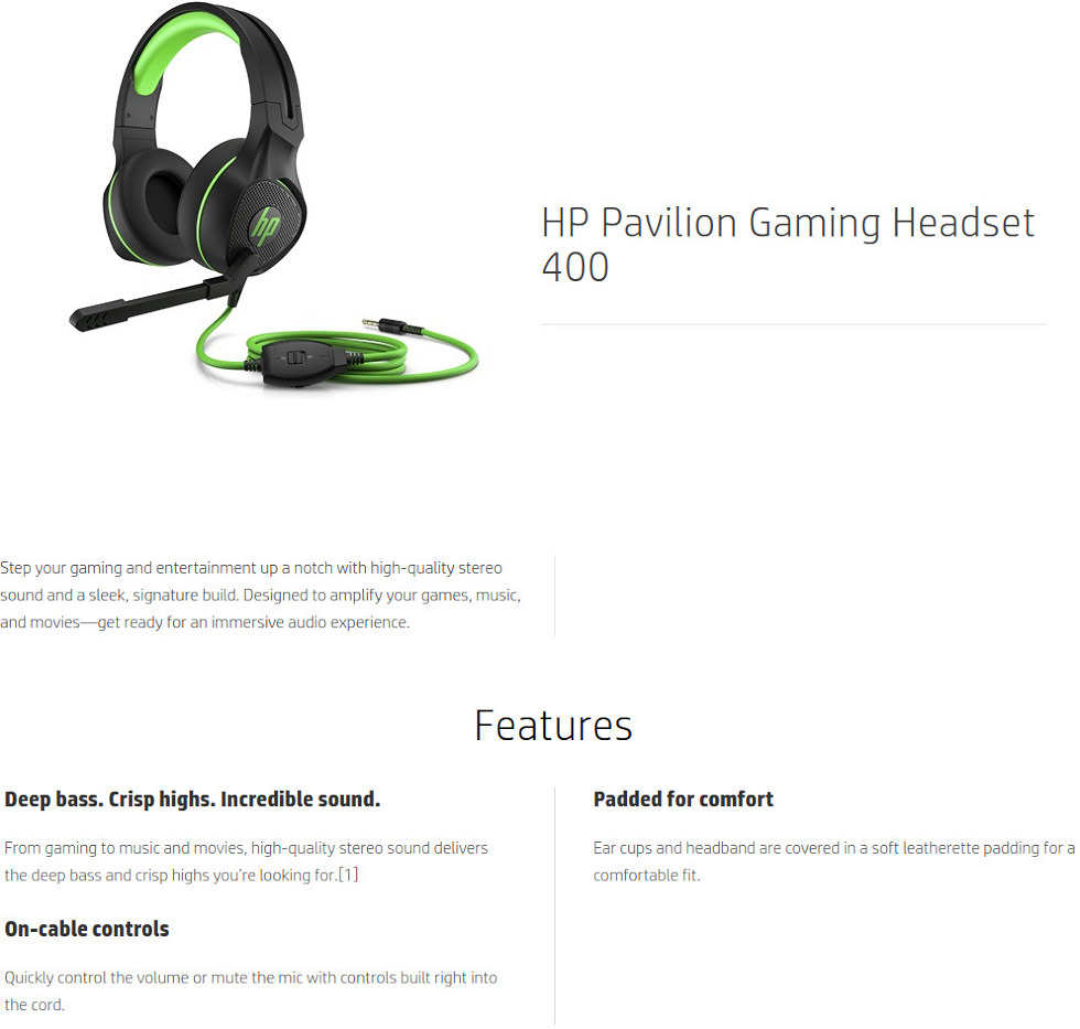 Проводная игровая гарнитура HP Pavilion Gaming 400, черный/зеленый - 1a.ee